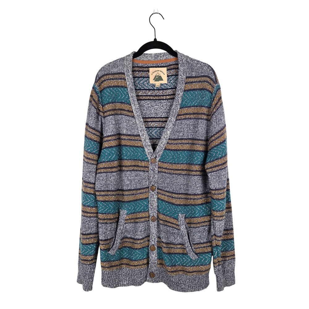 O'Hanlon Mills Mens XL V-Neck‎ Cardigan Sweater Striped Gray Teal Aztec Boho